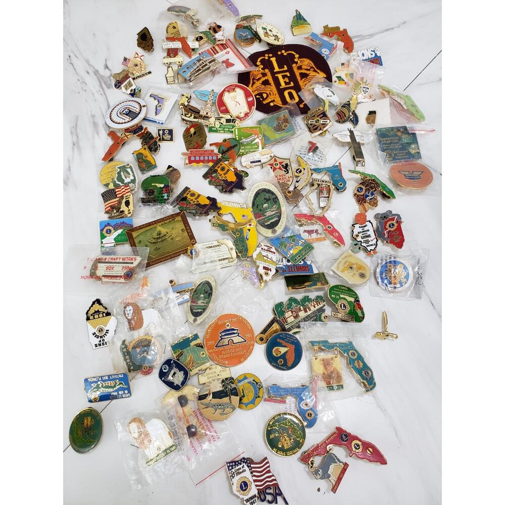 HUGE Vintage Lot 90 Lions Club Pins 1970's - 1990's Mixed States Deaf Lioness